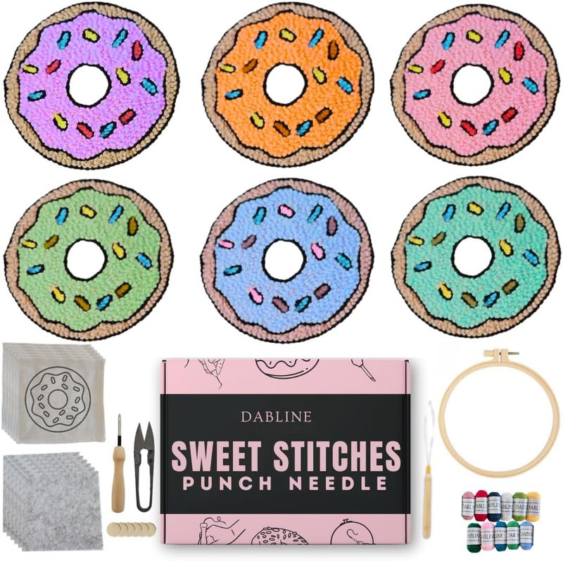 Dabline Punch Needle Kit for Beginners – 6 Pattern Punch Needle Coaster Set with Hoop, Needle, Threader, Yarn & Backing Fabric for Adults and Kids DIY Craft - Image 1